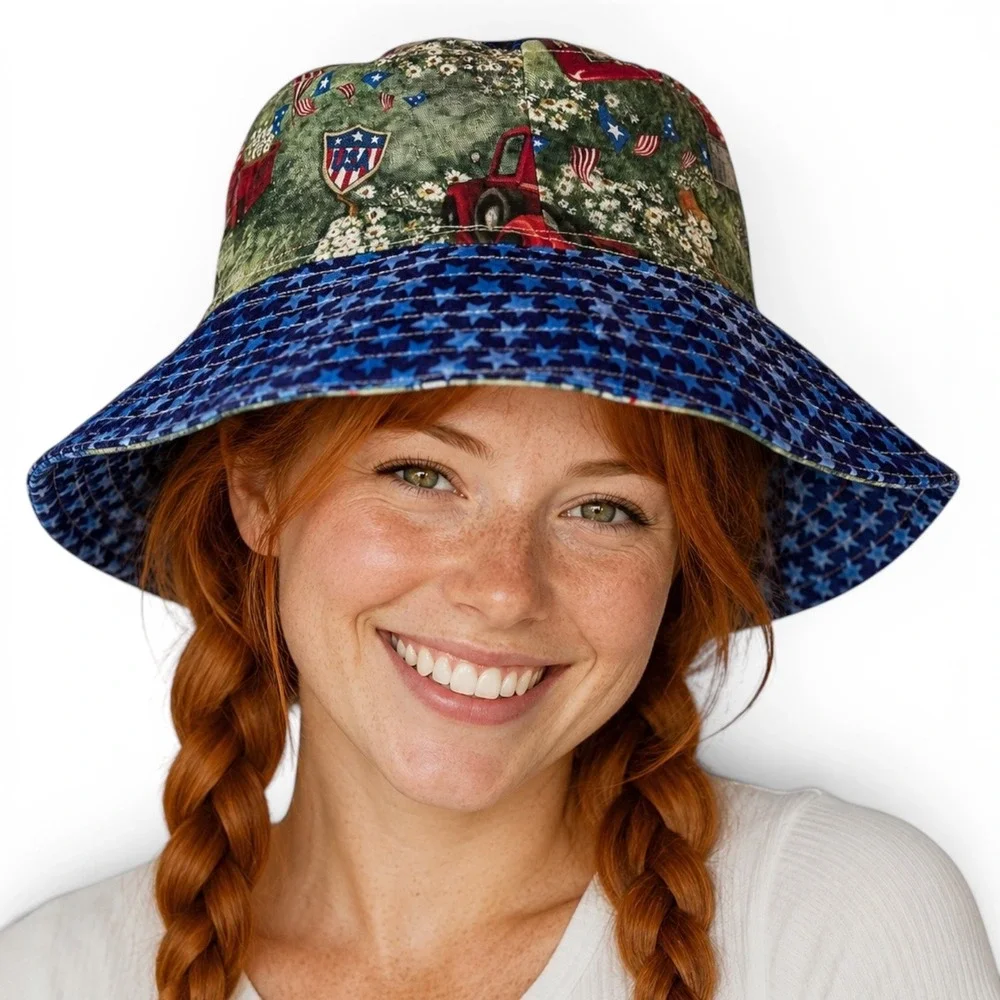 Reversible Bucket Hat Kids Americana Red Truck Cat Dog Print‎ 20